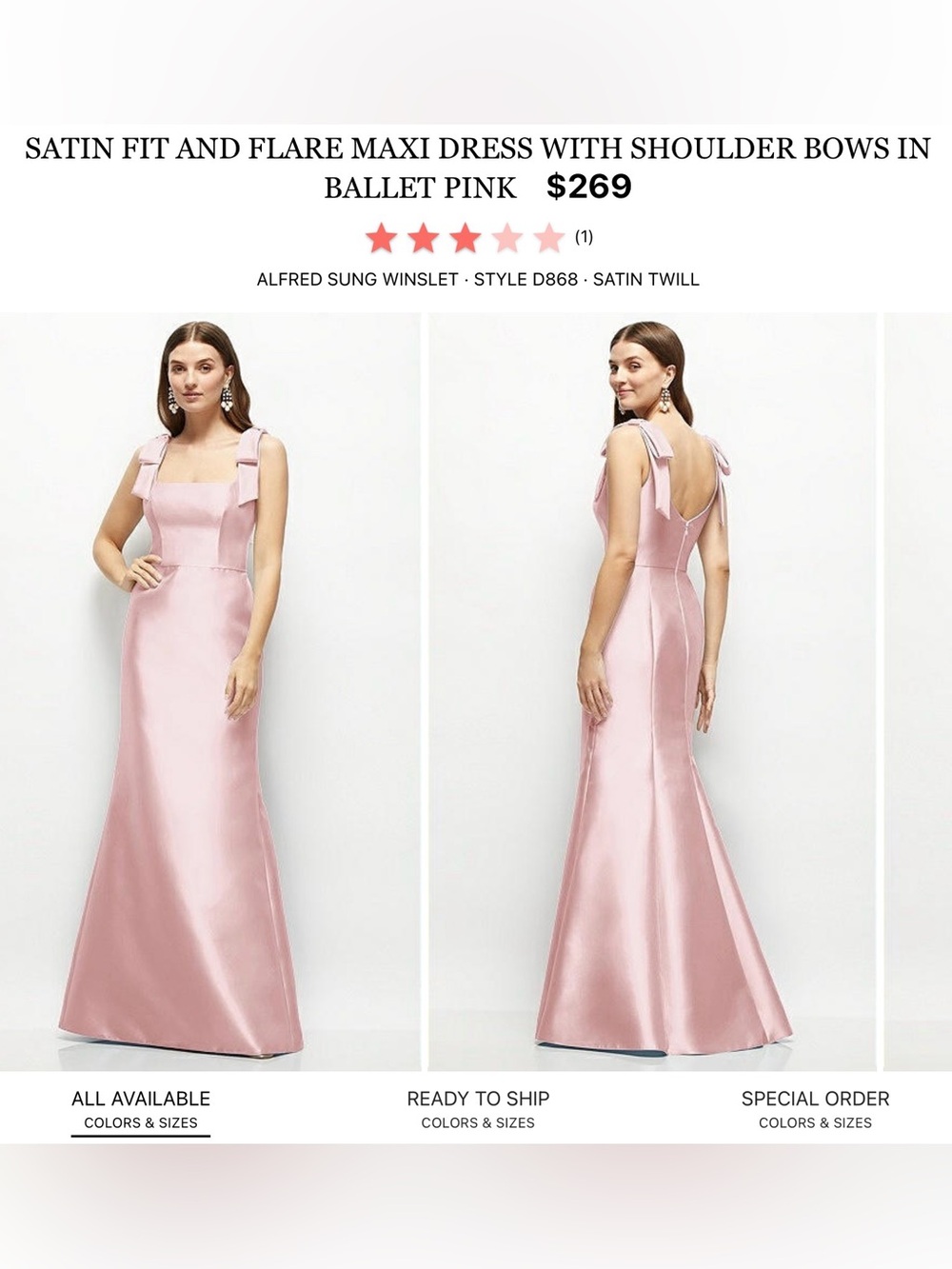 ALFRED SUNG Ballet Pink Satin Shoulder-Bow Maxi Dress